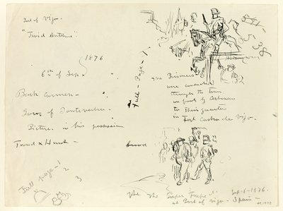 Blad met schetsen: Soldaat te paard en soldaat met sabel die gevangene veroordeelt (recto); Sheet of Sketches (verso) door Thomas Nast