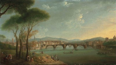 Een uitzicht op de Arno, Florence, vanaf de Cascine-tuinen, met figuren die vissen en rusten op de rotsen op de voorgrond, de Ponte alla Carità en de Ponte Vecchio daarachter door Thomas Patch