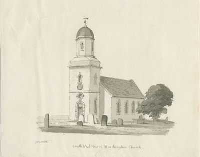 Marchington Church: sepia wash tekening, 1836 door Thomas Peploe Wood