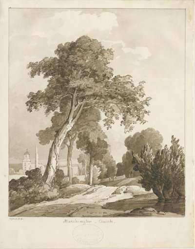 Marchington Church: sepia wash tekening, 1836 door Thomas Peploe Wood