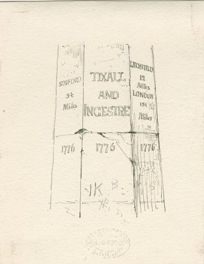 Tixall - Stenen pilaar met afstandsaanduidingen: pen en inkt tekening, nd [midden 19e eeuw] door Thomas Peploe Wood