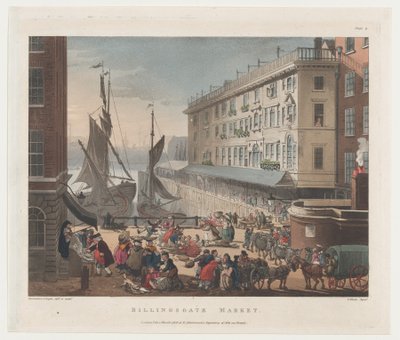 Billingsgate Market, 1 maart 1808 door Thomas Rowlandson, Augustus Charles Pugin, J. Bluck