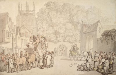 Een koets die zich voorbereidt om Canterbury Gate, Christ Church, Oxford te verlaten, ca. 1810-15 door Thomas Rowlandson