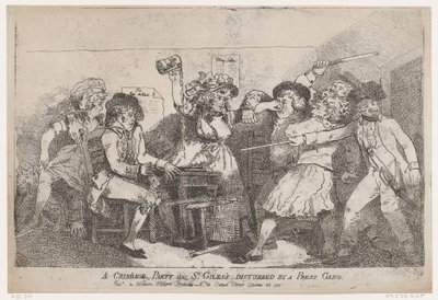 Een cribbagepartij in St. Giles verstoord door een persbende, 26 oktober 1787 door Thomas Rowlandson