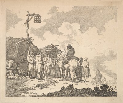 Een kermis - Een groep zigeuners - Mannen en vrouwen in rustieke kleding voor twee geïmproviseerde tenten, 1786 door Thomas Rowlandson