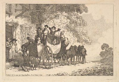 Een volgeladen postkoets voor een poststation door Thomas Rowlandson