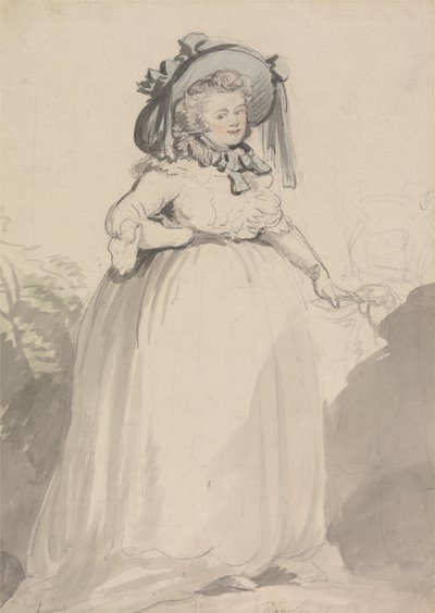 Een dame in een witte jurk, met een blauwe hoed op door Thomas Rowlandson