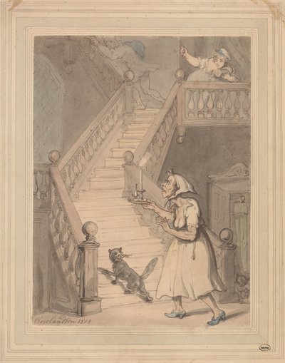 Een ongetrouwde tante die brand ruikt door Thomas Rowlandson