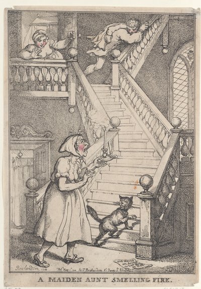 Een ongetrouwde tante die brand ruikt door Thomas Rowlandson