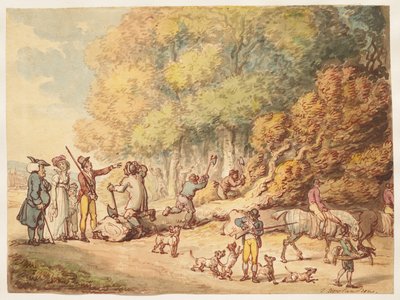 Een jager met zijn familie die houthakkers instrueert een geveld boom te verzagen door Thomas Rowlandson