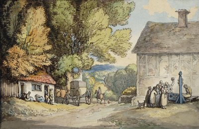 Een dorpsgroen: een koets gestopt onder een boom, met een man in de schandpaal en een groep toeschouwers door Thomas Rowlandson