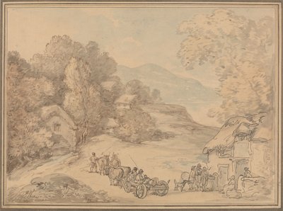 Een dorp in een heuvelachtig landschap door Thomas Rowlandson