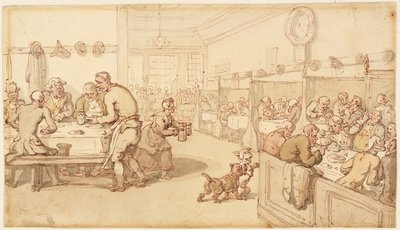 At an Old English Eating House (pen en rode inkt met penseel en aquarel over grafiet, op crèmekleurig velijnpapier) door Thomas Rowlandson