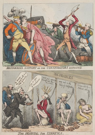 De steun van Britannia of de nederlaag van de samenzweerders – Het ziekenhuis voor geesteszieken door Thomas Rowlandson