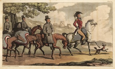 Kapitein Johnny Newcome en zijn bedienden met pakpaarden op weg naar Santarem, Portugal, om terug te keren naar de Peninsula Campaign. Handgekleurde kopergravure getekend en geëtst door Thomas Rowlandson uit Colonel David Roberts