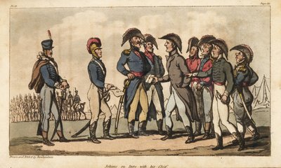 Kapitein Johnny Newcome in dienst als Adjudant van de Hertog van Wellington tijdens de Peninsula Campagne. Handgekleurde kopergravure getekend en geëtst door Thomas Rowlandson uit Kolonel David Roberts