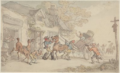 Van paard wisselen bij een poststation in Frankrijk door Thomas Rowlandson