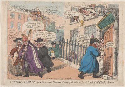 Chelsea Parade of een kwakende lid bekijkt de binnenkant, buitenkant en achterkant van, 4 maart 1809 door Thomas Rowlandson