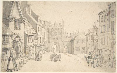 Stadsgezicht met middeleeuwse poort (misschien York) door Thomas Rowlandson