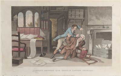 Conflict tussen Quae Genus en advocaat Gripe-all, uit De Geschiedenis van Johnny Q..., 1 oktober 1821 door Thomas Rowlandson