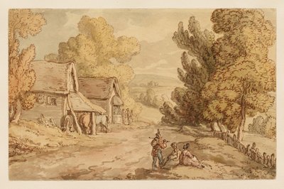 Huisje en schuur met figuren die langs een landweg rusten door Thomas Rowlandson