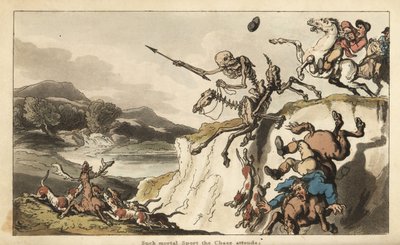 De skelet van de Dood op een skeletpaard rijdt over een klif terwijl een ongelukkige jager en zijn honden naar hun dood vallen door Thomas Rowlandson