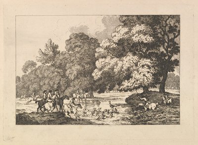 Hertenjacht - Een landschapsscène met hert en honden in een rivier, 1787 door Thomas Rowlandson
