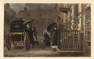 Vertrek: Toeristen laden bagage op een koets voor een hotel in de regen. Handgekleurde kopergravure door Thomas Rowlandson, aquatint door J.C. Stadler, naar een schets van J. Green uit Poetical Sketches of Scarborough, Ackermann, Londen door Thomas Rowlandson