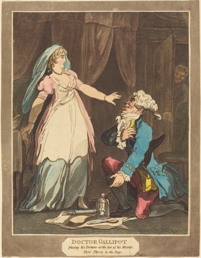 Dokter Gallipot die zijn fortuin aan de voeten van zijn minnares legt door Thomas Rowlandson