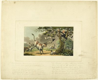 Doctor Syntax achtervolgd door een stier, uit The Tour of Doctor Syntax door Thomas Rowlandson