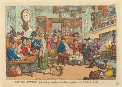 Doctor Syntax, Midden in een Rookhete Politieke Ruzie, Wil zijn Fluit Natmaken door Thomas Rowlandson
