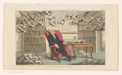 Doctor Syntax slapend in een bibliotheek door Thomas Rowlandson