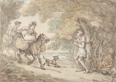 Dr. Syntax vastgebonden aan een boom door struikrovers door Thomas Rowlandson