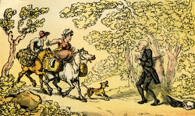 Dr. Syntax vastgebonden aan een boom door struikrovers door Thomas Rowlandson