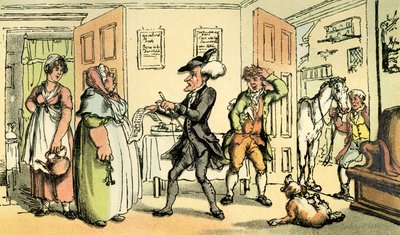 Dr. Syntax betwist zijn rekening met de waardin door Thomas Rowlandson