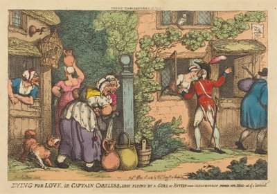 Sterven uit liefde, of Kapitein Careless neergeschoten door een meisje van vijftien, dat onverwachts haar hoofd uit een raam stak door Thomas Rowlandson