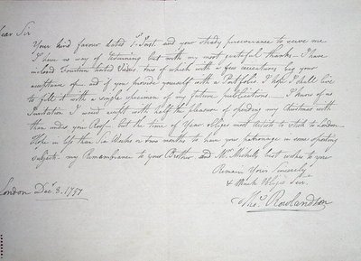 Oudste bekende brief van de kunstenaar aan een Mr Downs, een potentiële mecenas, 8 december 1797 door Thomas Rowlandson