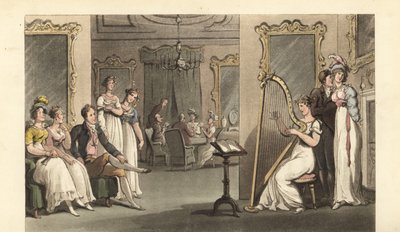 Engelse heer en dames luisteren naar een harpist op een bal door Thomas Rowlandson
