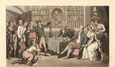 Engelse heer in zijn studeerkamer die een geval van stroperij hoort door Thomas Rowlandson