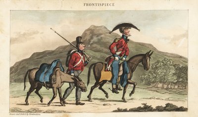 Vaandrig Johnny Newcome te paard vergezeld door een onderofficier met pakpaard in Portugal. Handgekleurde kopergravure getekend en geëtst door Thomas Rowlandson uit Colonel David Roberts