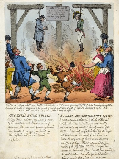 Executie van twee beroemde vijanden van het oude Engeland, Guy Fawkes en Napoleon Buonaparte - Hun laatste toespraak, aan de galg. 1813 door Thomas Rowlandson