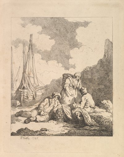 Vissers aan de kust - Kustscène met een man zittend op de grond rustend op een elleboog..., 1786 door Thomas Rowlandson