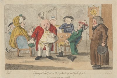 Ontbijt tijdens de vlucht, of wat er in een nachtbus te vinden is door Thomas Rowlandson