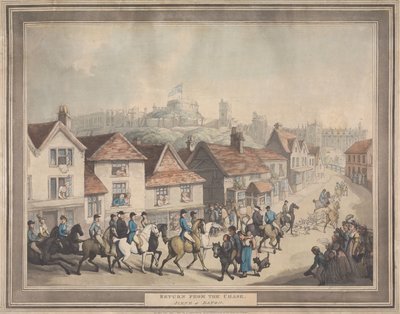 Vossenjacht [set van vier]:  4. Terugkeer van de jacht. / Taferel in Eaton door Thomas Rowlandson