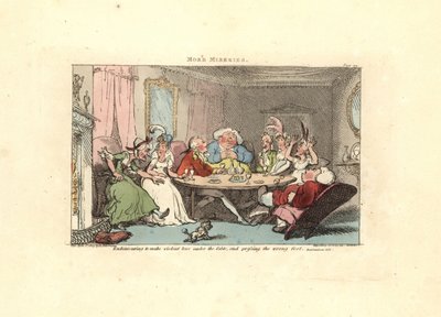 Heer probeert voetjevrijen met een schoonheid aan tafel door Thomas Rowlandson