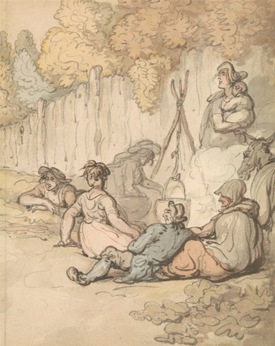 Zigeuners die op een open vuur koken door Thomas Rowlandson