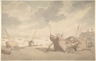 Havenscène bij eb, met aangespoelde boten door Thomas Rowlandson