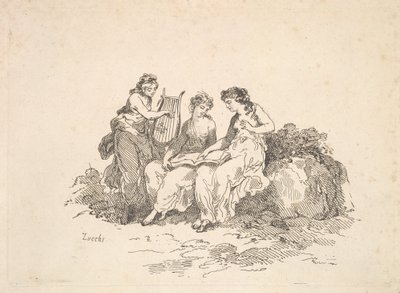 Harmonie - Twee nimfen zingen, een andere speelt een lier door Thomas Rowlandson