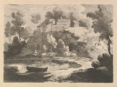 Heuvelachtig rivierlandschap, een boot in het water op de voorgrond links, een figuur aan de verre oever door Thomas Rowlandson