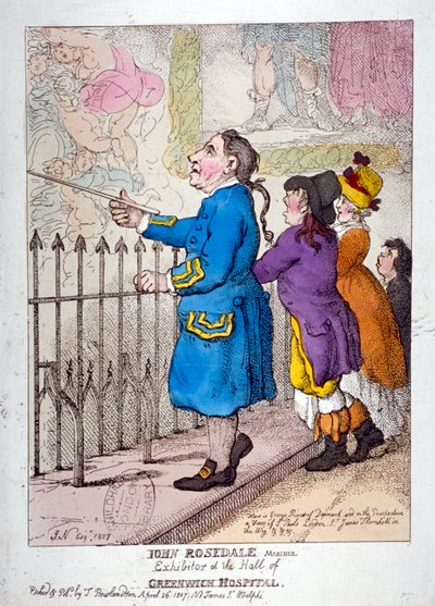 John Rosedale, zeeman, exposant van de hal van Greenwich Hospital, 1807 door Thomas Rowlandson